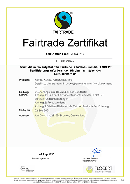 Azul FLO Fairtrade Zertifikat bis 2024