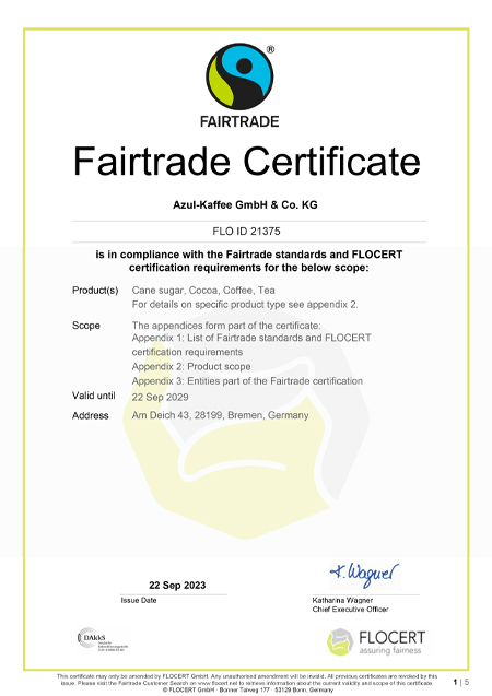 Fairtrade Zertifikat bis 2029 Englisch
