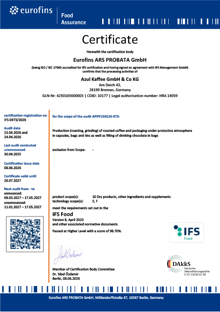 IFS Zertifikat Azul Kaffee 2026 englisch