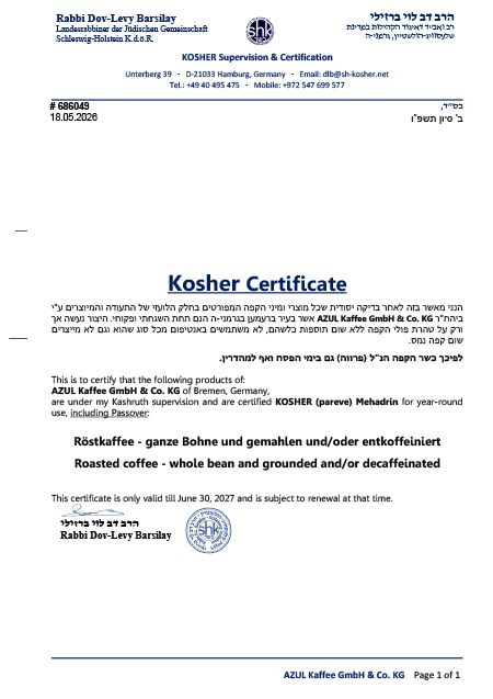 Kosher Zertifikat Azul 2026-2027